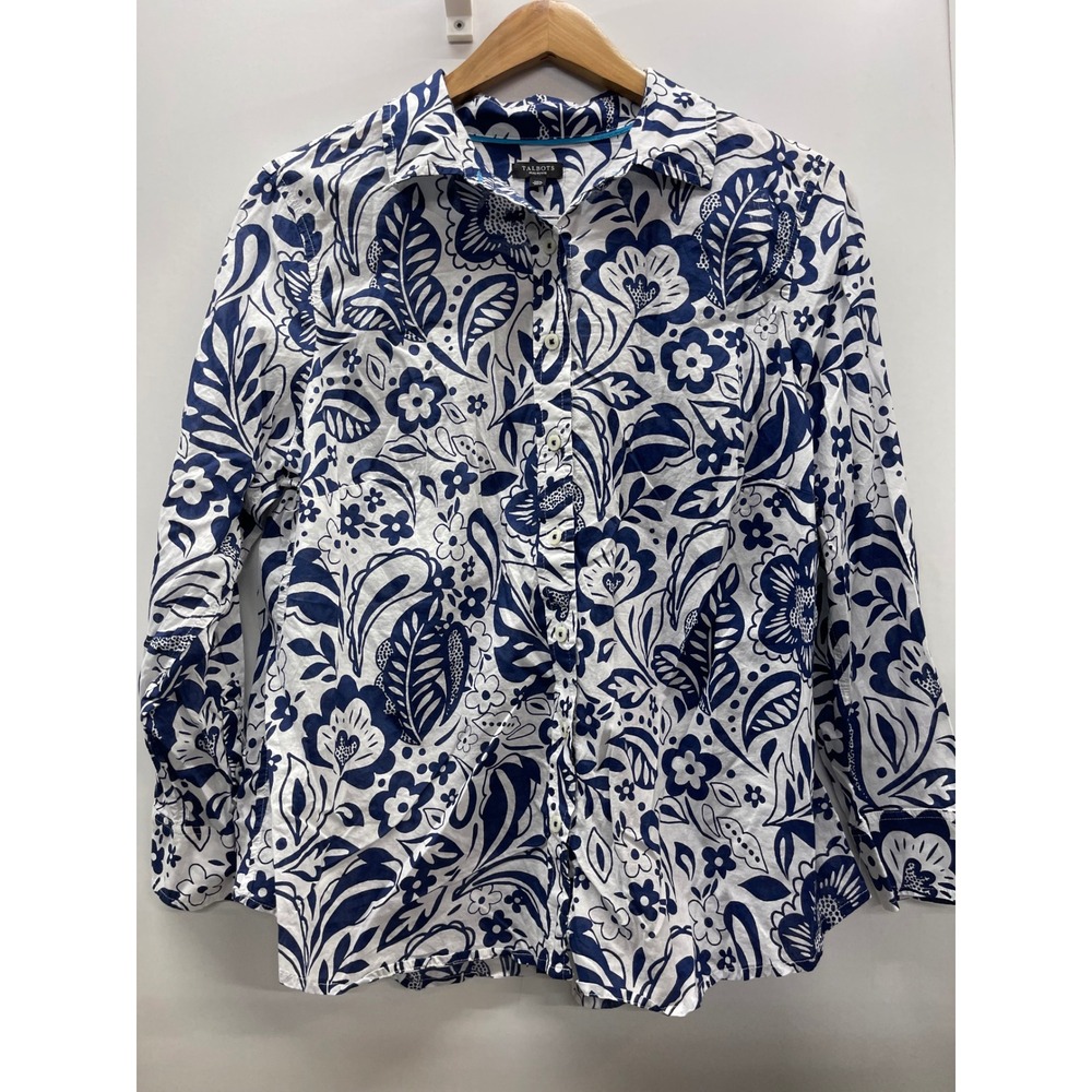 Talbots Blue White Floral Batik Button Down Shirt Plus Petite 1XP Long Sleeve
